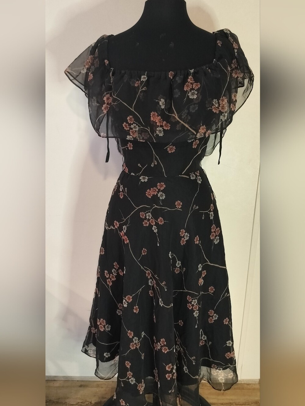 Black Floral Midi Dress with Pink Blossom Print